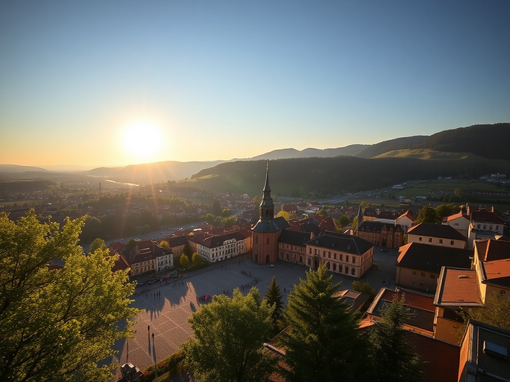 Widok na zabytkowy Rynek w Jeleniej Górze z kolorowymi kamieniczkami i Ratuszem.